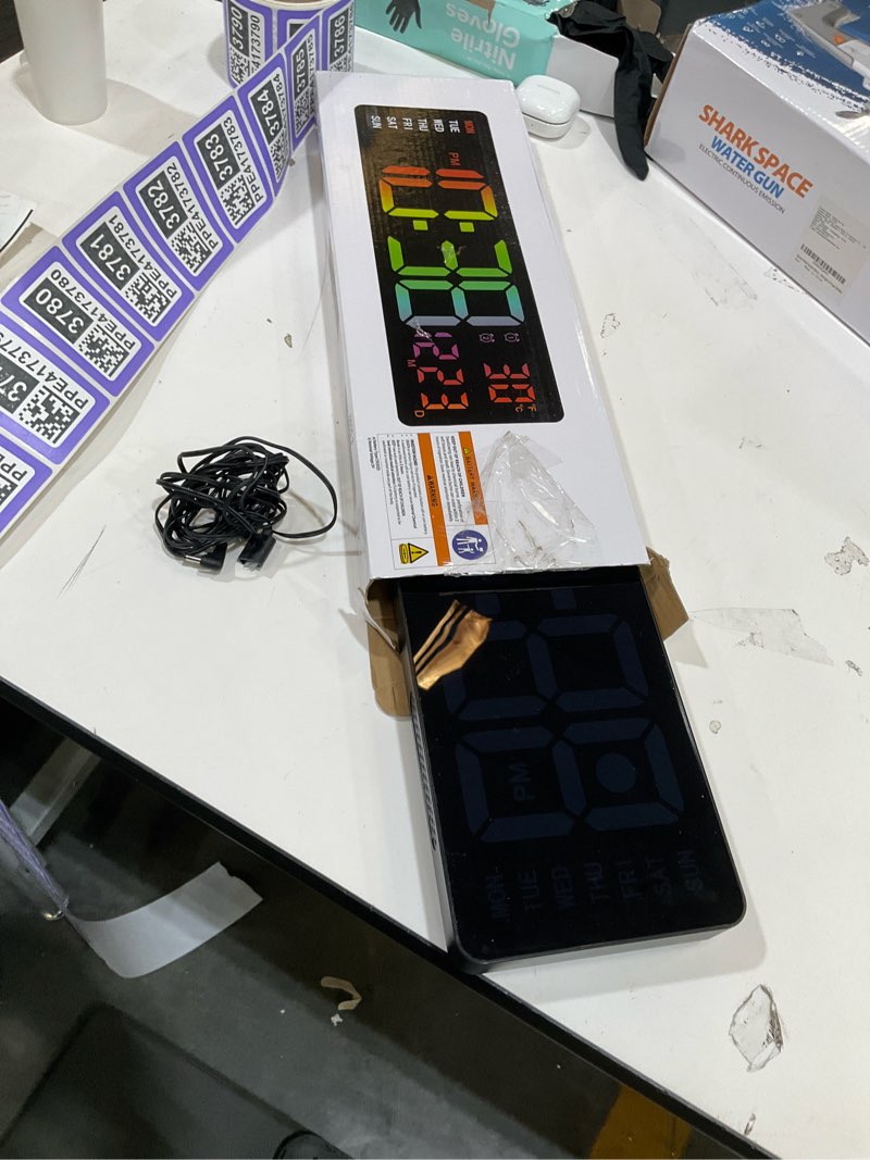 Condition photo showing As Is for 16 inch large digital wall clock, large led display digital wall clock with temperature (°c/°f), remote control, auto-dimming, night light for classroom,bedroom, garage,gym,seniors gift black 16 inch