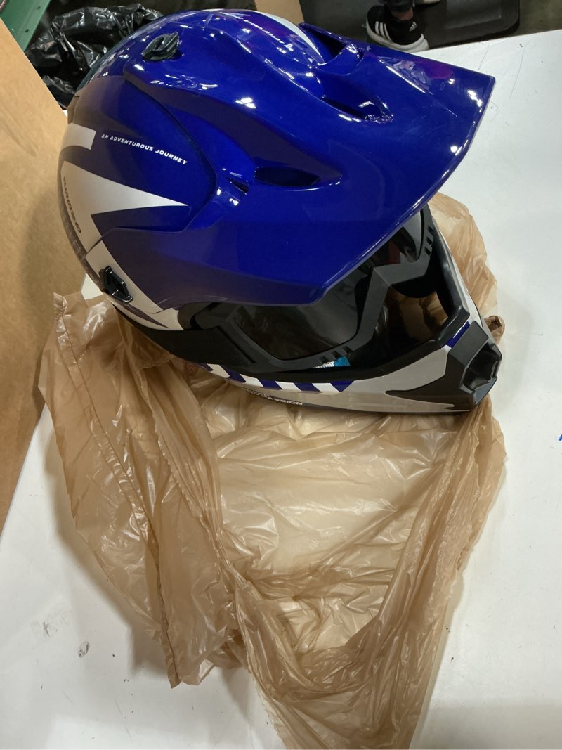 Condition photo showing Good Condition for youth dirt bike helmet dot certified - full face motorcycle helmet for off-road, atv, street riding, includes adjustable goggles & protective gloves blue large