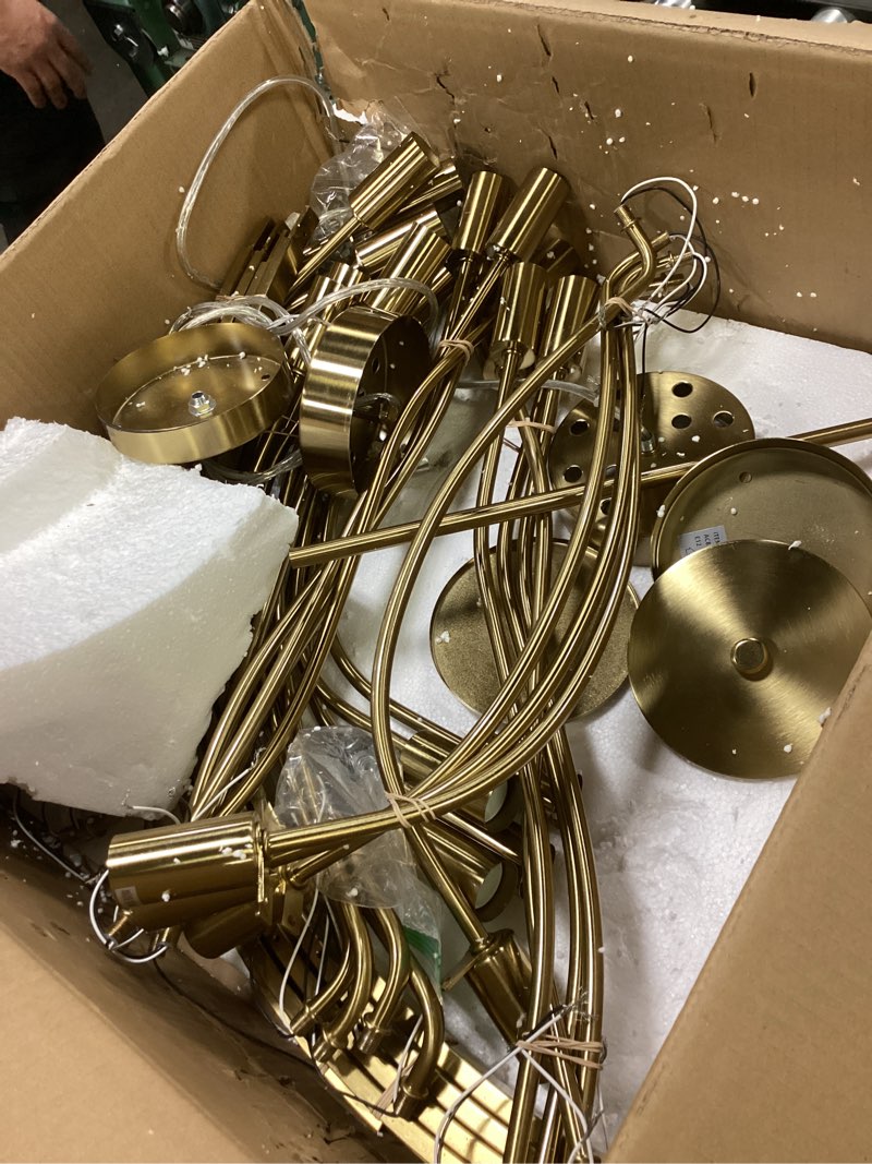 Condition photo showing As Is for 33.5" Modern Gold Chandelier Light Fixture Vintage Mid Century Modern 12-Lights Candle Style Chandeliers Retro Golden Chandelier for Dining Room, Kitchen Island, Living Room, E12 33.5in Gold