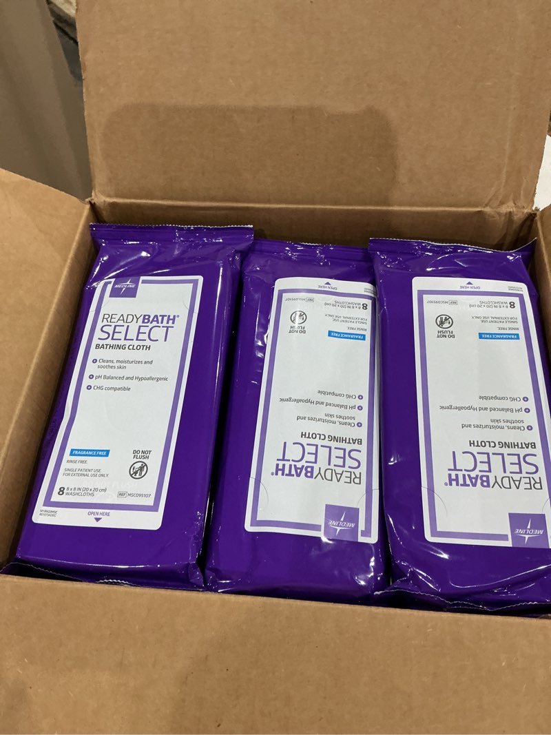 Condition photo showing New/Like New for medline readybath body wipes, shower and bath for adults, no rinse disposable washcloths, extra thick, hypoallergenic, alcohol-free, aloe-infused, unscented, 240 count (30 packs), 8x8 inch fragrance free 8 count (pack of 30)