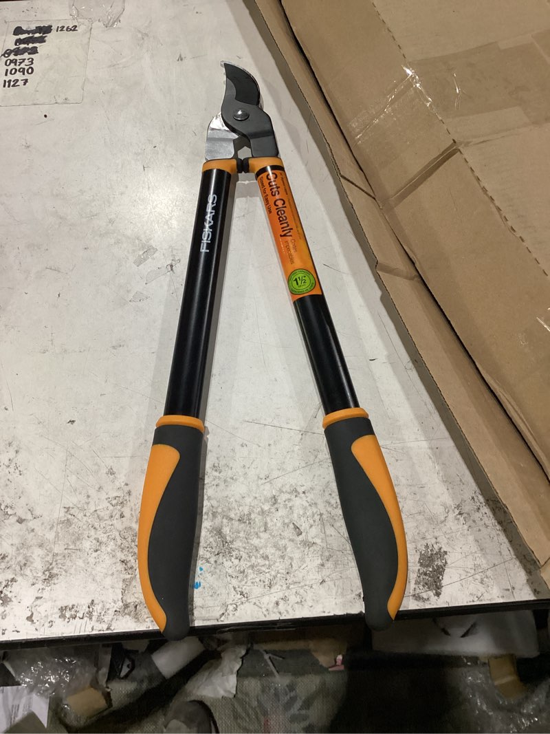 Condition photo showing New/Like New for fiskars bypass lopper, lightweight tree pruning tool, rust resistant and low friction coating, softgrip handle control with shock-absorbing system, 24" 24" standard bypass