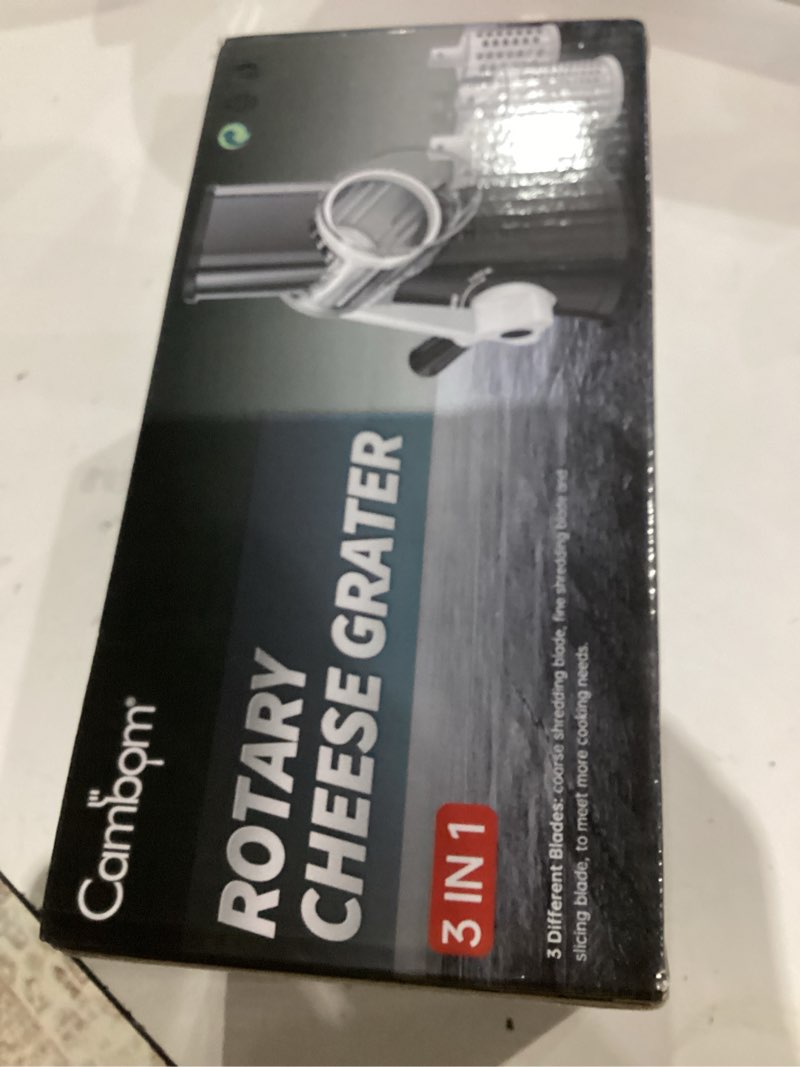 Condition photo showing As Is for Cambom Rotary Cheese Grater Hand Crank Cheese Shredder for Fresh Cheese, Vegetable, Nuts,Non-slip Suction Base, Free Cleaning Brush Three Blades, Black 3 BLADES Black