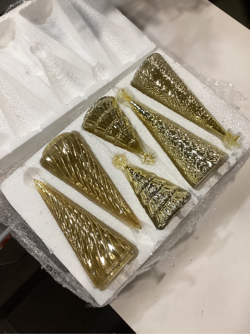 Condition photo showing New/Like New for Set of 6 Illuminated Mercury Glass Christmas Tree Tabletop Tree Figurines with LED Lights Battery Op