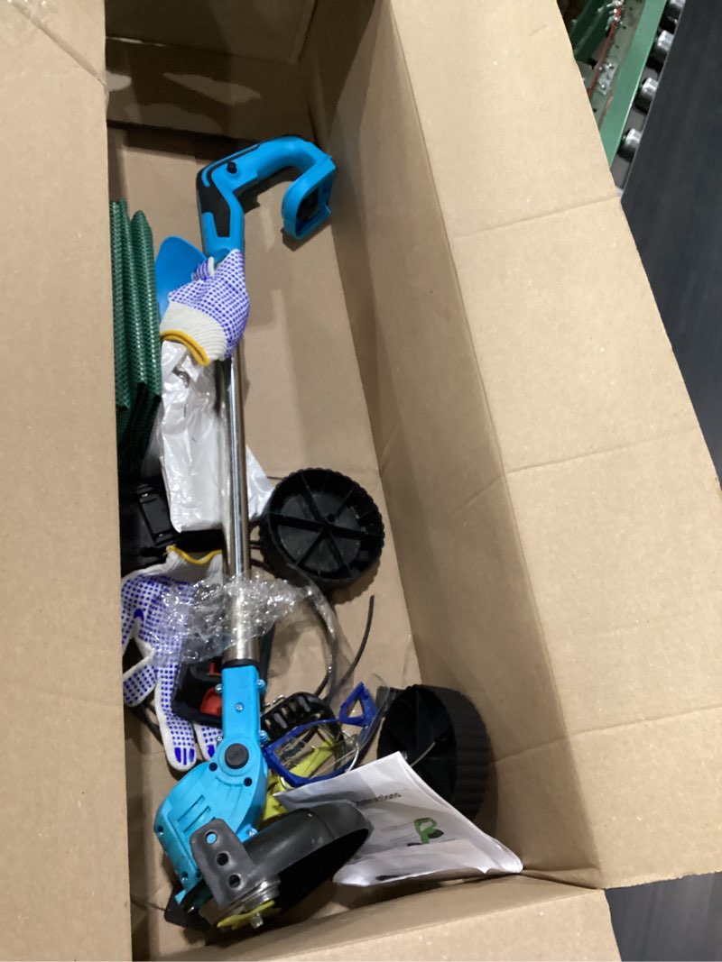 Condition photo showing As Is for **missing parts**electric cordless weed wacker with wheels, 21v lightweight weed eater battery powered, 4 in 1 grass trimmer/brush cutter/lawn edger/lawn mower, no string trimmer battery operated for garden yard black