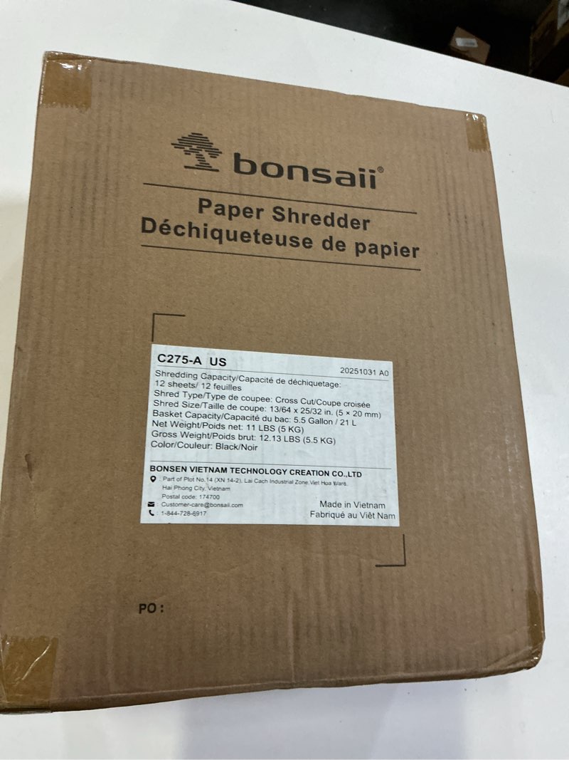 Condition photo showing As Is for bonsaii 12-sheet cross cut paper shredder, 5.5 gal home office heavy duty shredder for paper, credit card, mail, staples, with transparent window, high security level p-4 (c275-a) all black crosscut
