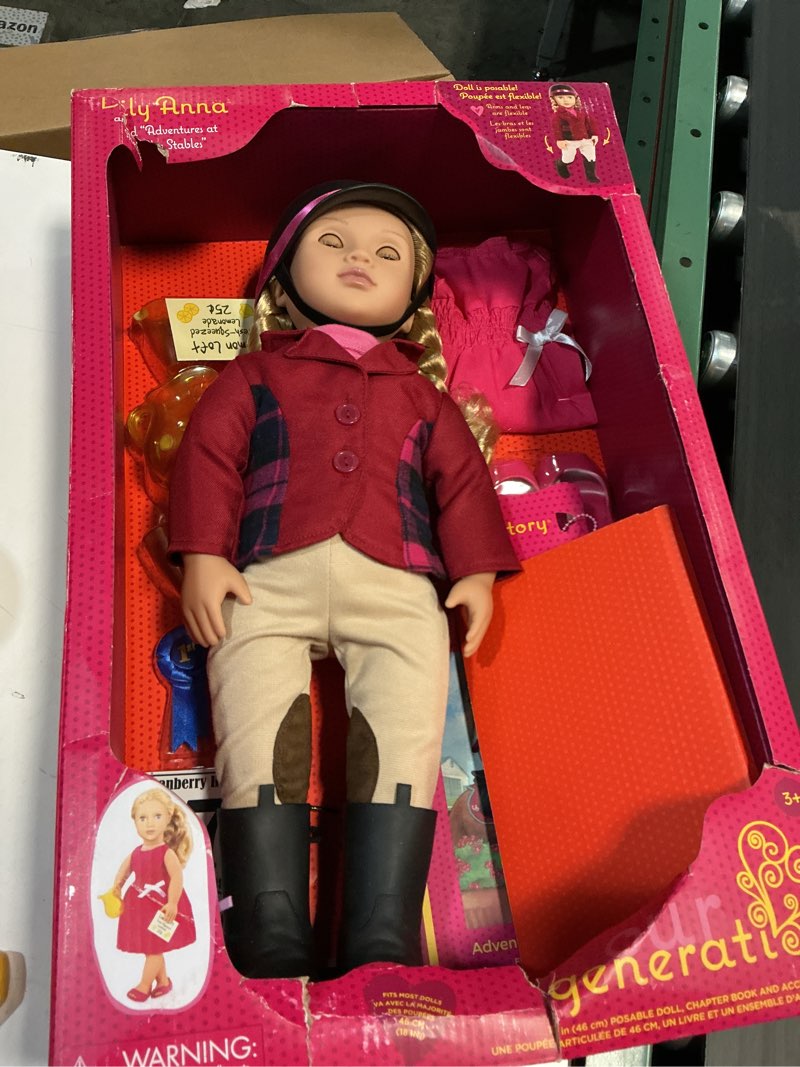 Condition photo showing New/Like New for our generation - lily anna - posable 18-inch equestrian doll - blue eyes & blonde hair - horseback riding accessories & storybook - pretend play - toy for kids 3 years +
