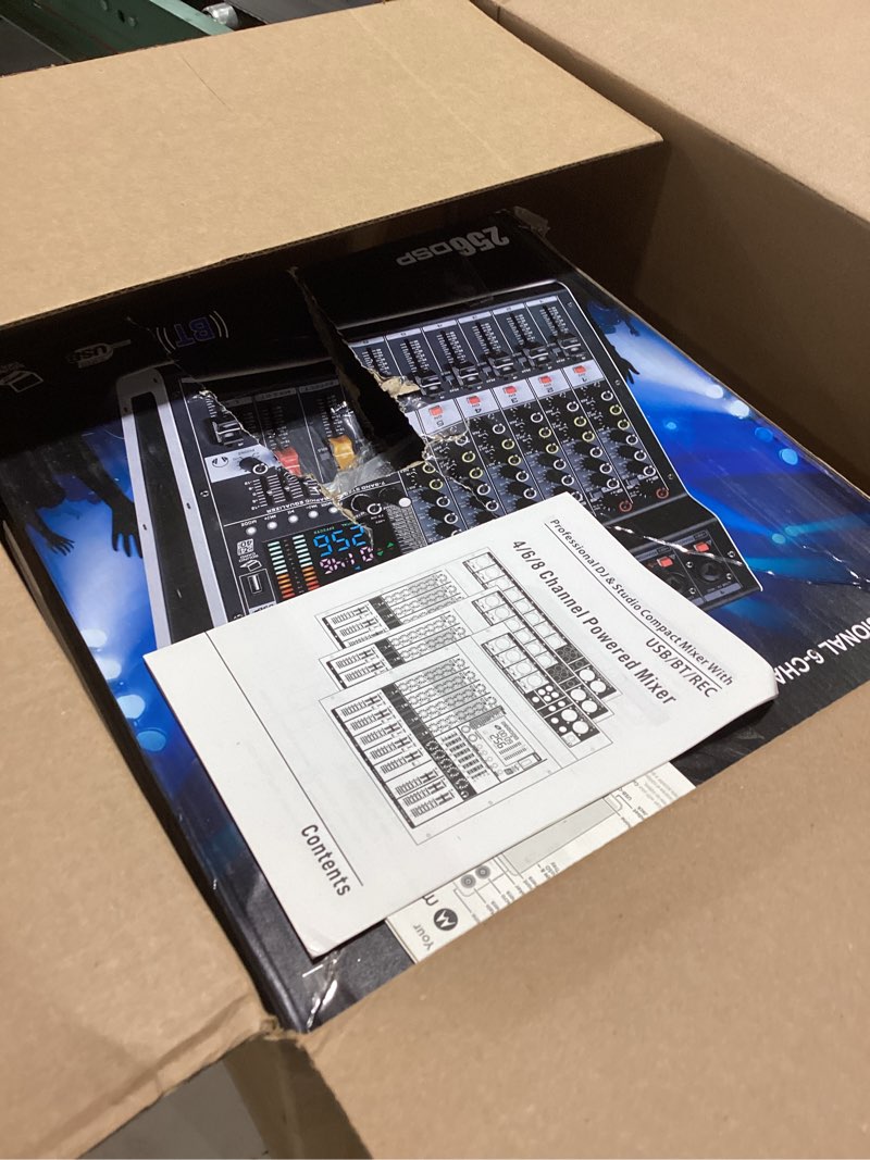 Condition photo showing Good Condition for bomge powr mixers audio, 6channel power sound mixer amplifier 2 * 400w dj mixer board withusb, 6 x mic pres, +48v, bluetooth, 256 kinds of dsp for speakers,concert party, karaoke studio 602b-4ch 2x400w