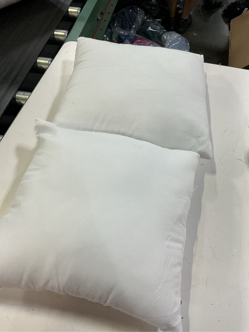Condition photo showing As Is for edow throw pillow inserts, set of 2 lightweight down alternative polyester pillow, couch cushion, sham stuffer, machine washable. (white, 14x14) 14"x14"