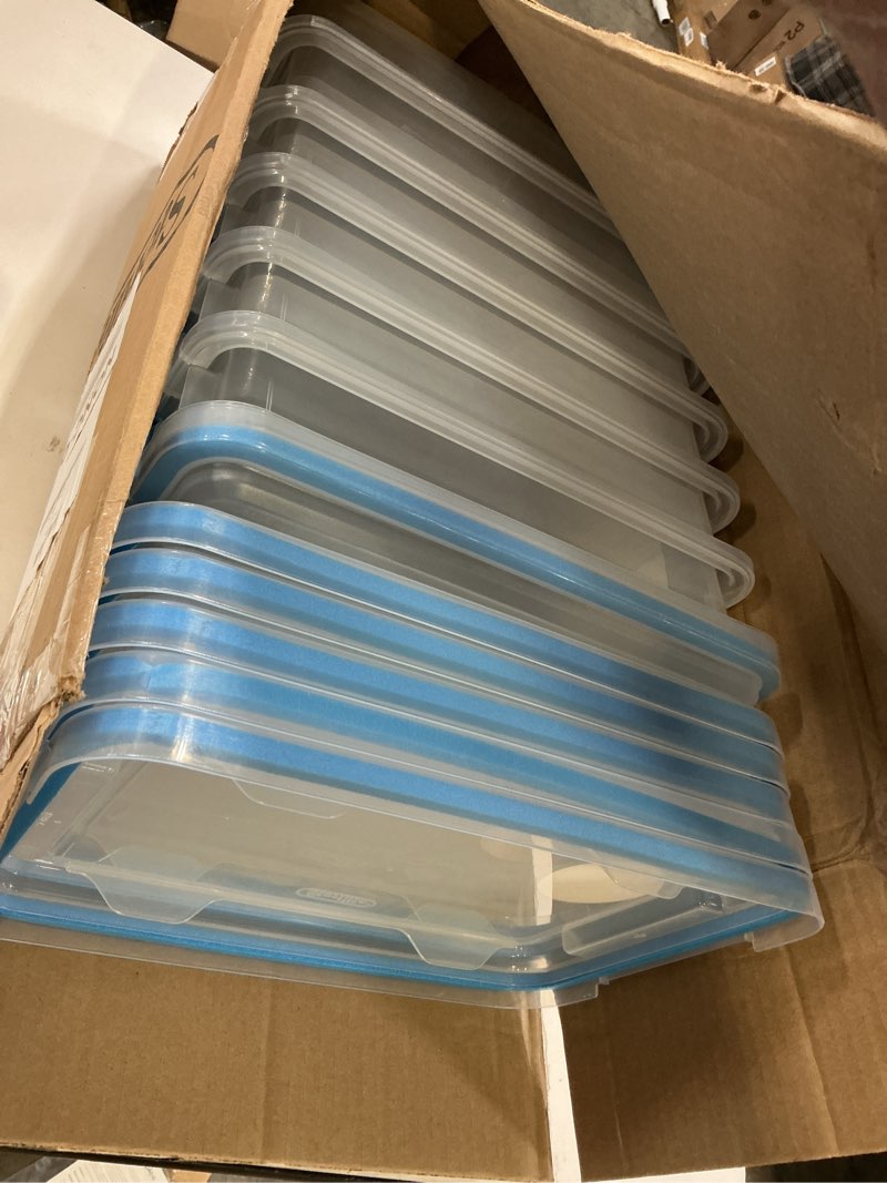 Condition photo showing Good Condition for Sterilite 7.5 Qt Gasket Box, Stackable Storage Bin with Latching Lid and Tight Seal, Plastic Container to Organize Basement, Clear Base, Lid, 6-Pack