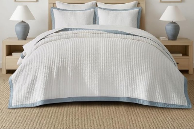 evergrace cotton border frame tack-stitch quilt bedding set queen size, coastal oversized 3 pieces lightweight bedspread coverlet for all season, with 2 matching shams, blue linen