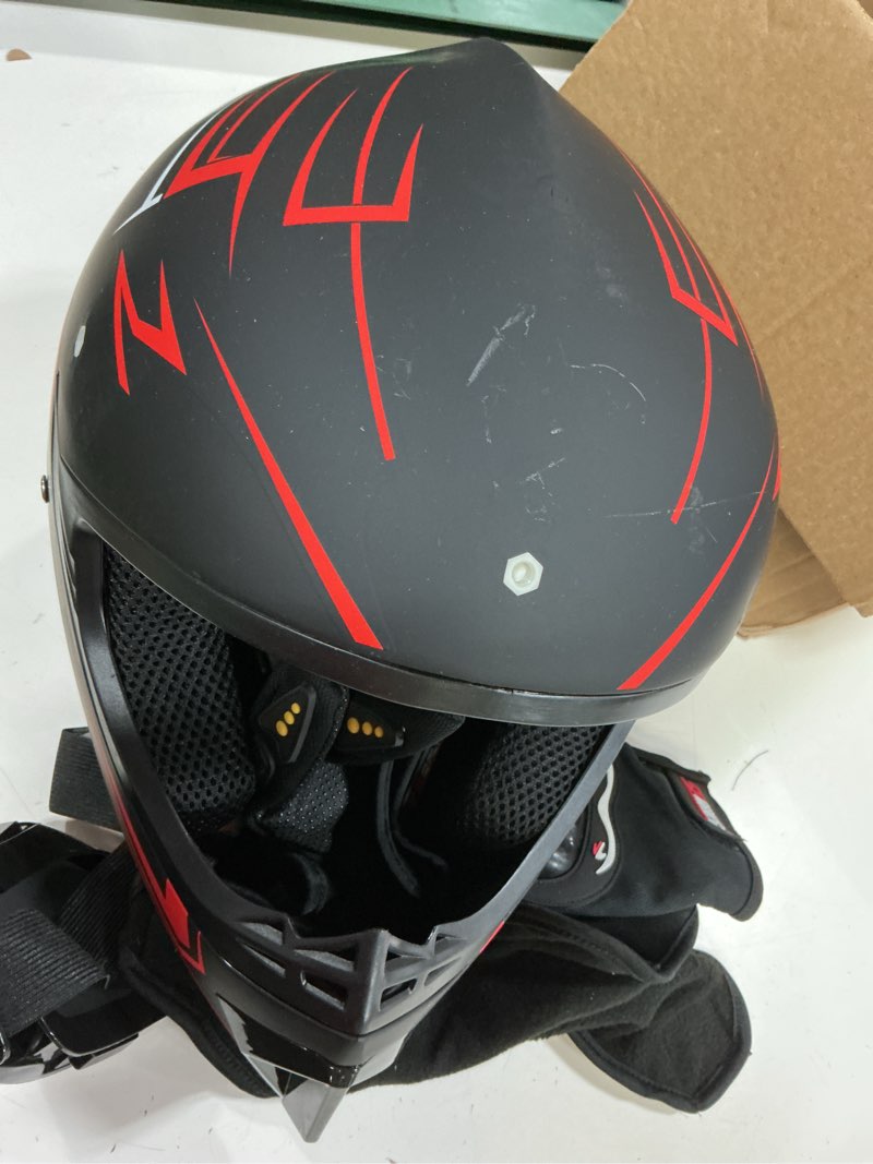 Condition photo showing As Is for dirt bike helmet motocross atv motorcycle full face off-road e bike helmet dot with goggles gloves mask red stripe m (56-57 cm)