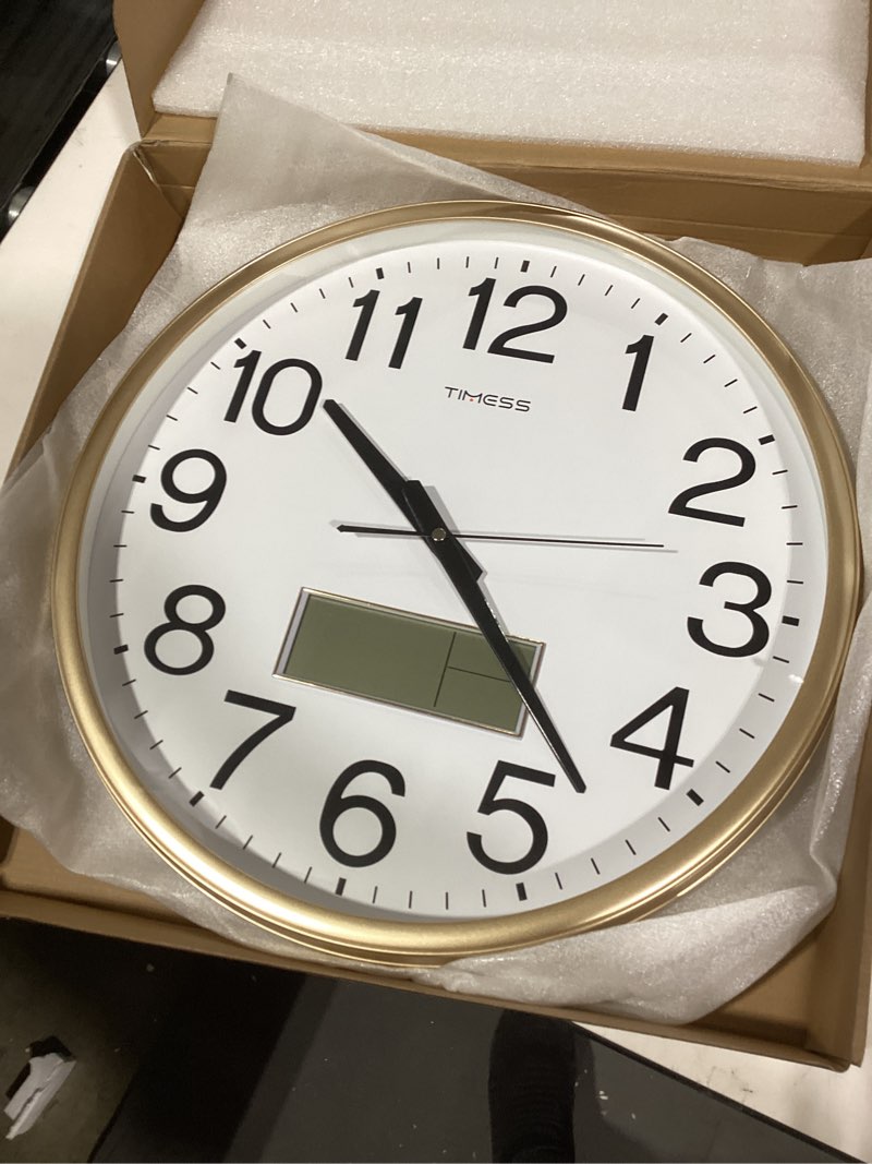 TIMESS Wall Clock, 16 Inch Non-Ticking Silent Battery Operated Quartz Analog with LCD Display for Pe