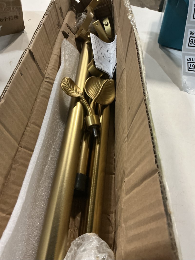 Condition photo showing Good Condition for decorative curtain rod with leaf finials, 1inch diameter 28-48 inch adjustable length single drapery window rods telescoping structure, warm gold