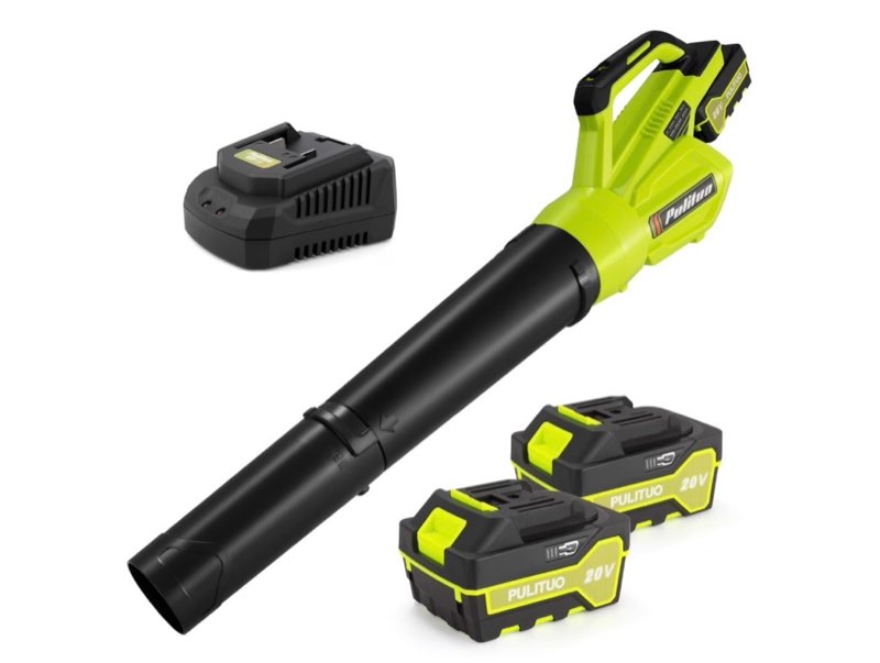 leaf blower cordless 21v 500cfm powerful electric leaf blower with (2) 4.0ah batteries and charger, variable-speed, handheld rechargeable battery powered blowers for lawn care, yard clearance, leaves yellow