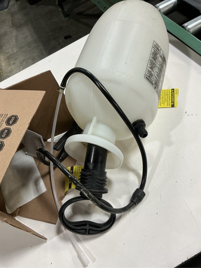 Condition photo showing As Is for chapin 20005 pump sprayer, 2?gallon, lawn & garden, translucent poly tank, funnel?top, surespray, adjustable cone nozzle & 34" hose for fertilizer, weed & pest application 2-gallon