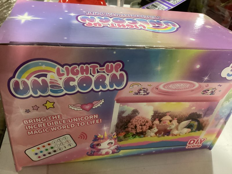 Condition photo showing New/Like New for Unicorn Light-Up Terrarium Kit Toys for Kids - Not Fragile - LED Night Light Birthday Gift for Girls Ages 4 5 6 7 8-12 Year Old - DIY Arts and Crafts Kit, with Music, Stickers, Background Rectangle