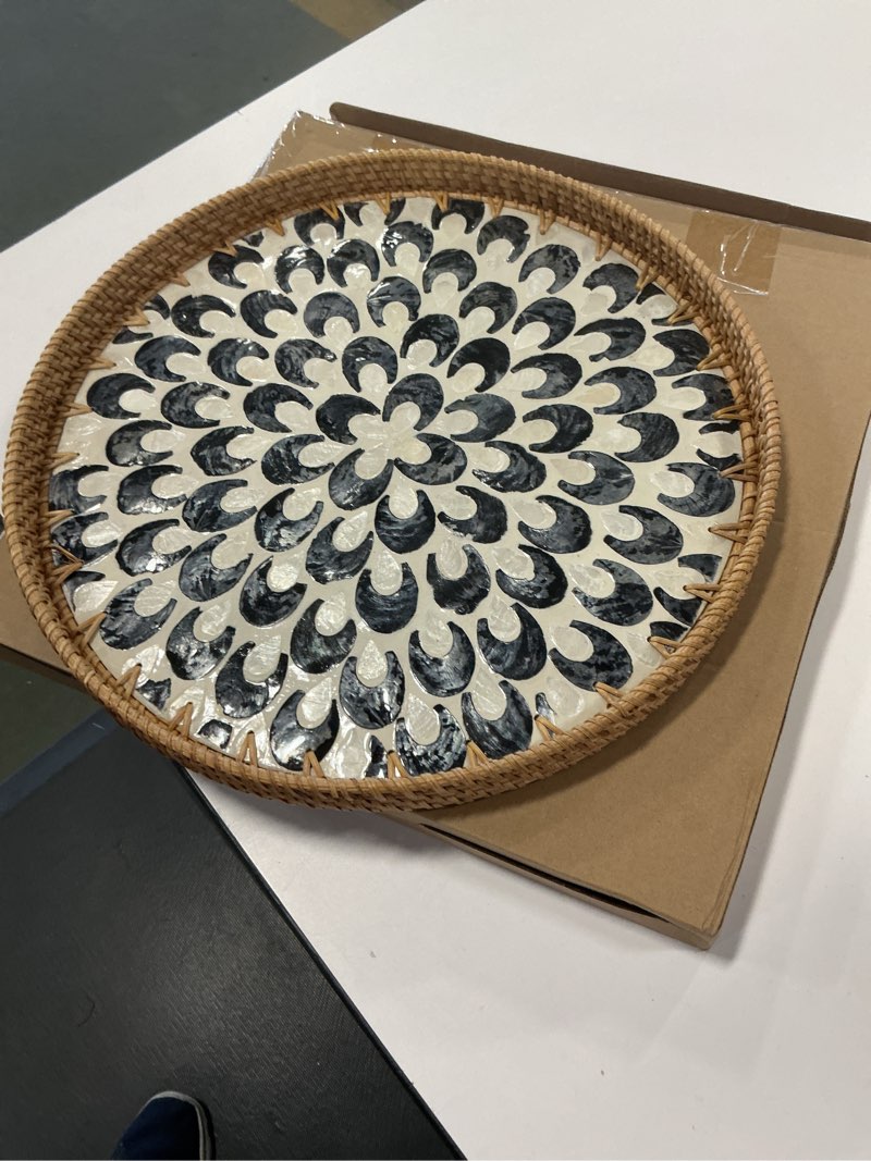 Condition photo showing New/Like New for 16 inch Round Rattan Tray with Mother of Pearl Inlay Wicker Serving Tray with Wooden Base Boho Decorative Wicker Basket for Table Decor Bathroom Candle Perfume(Plume)