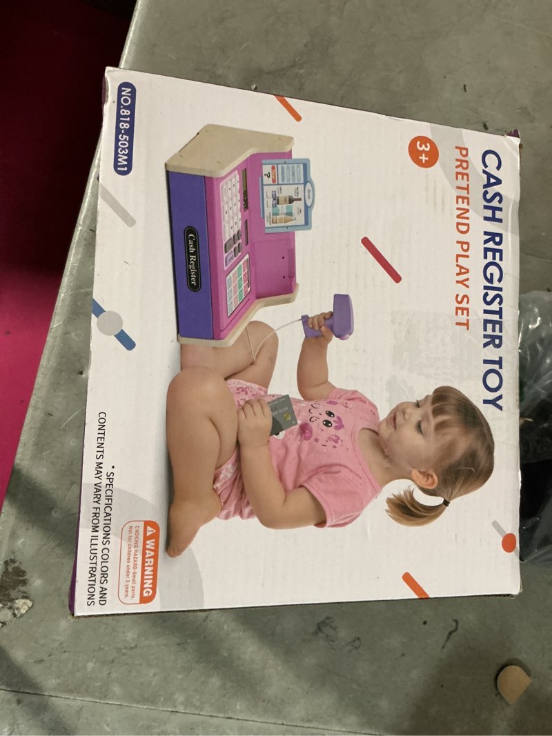 Condition photo showing New/Like New for hyes cash registers for kids, rechargeable pretend play toys supermarket & fast food restaurant, cashier toy with play money, pretend food, birthday gifts for kids boy & girl age 4-8, pink