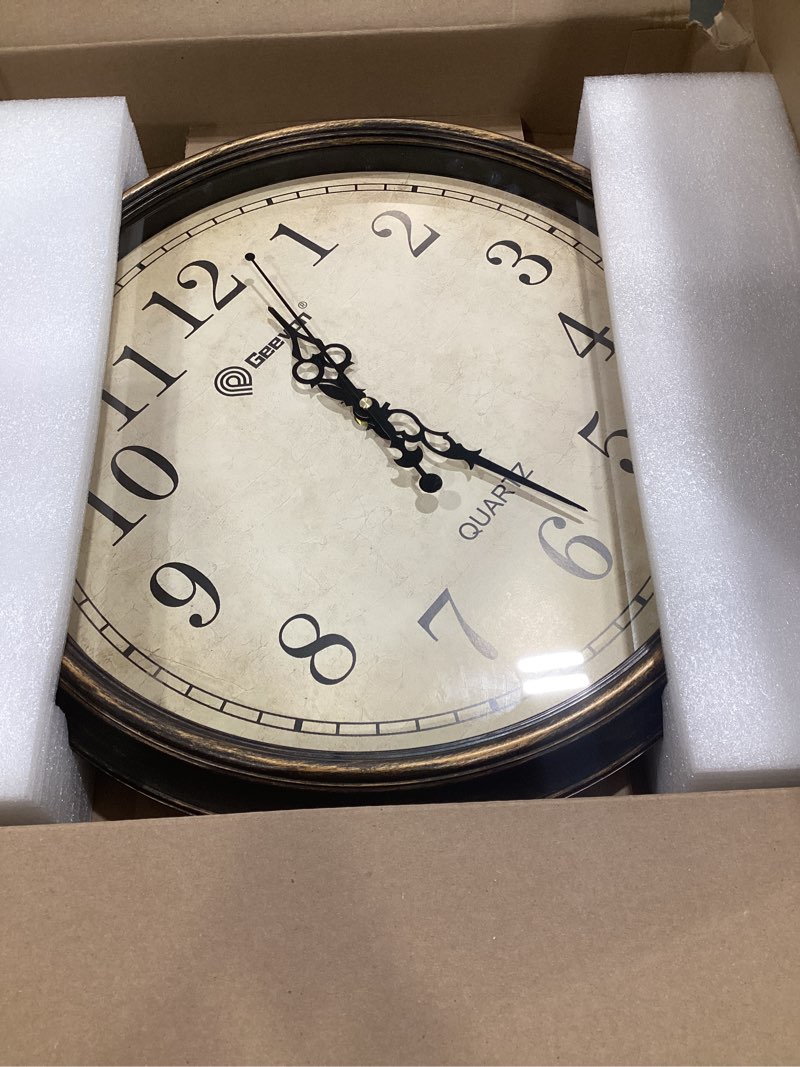 Condition photo showing Good Condition for geevon retro silent 12 inch wall clock non ticking, rustic vintage clock quartz decorative, battery operated wall clock for kitchen/office/classroom/bedroom/living room decor