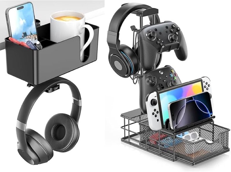 ( white color)kdd 4 in 1 desk cup holder - clamp on under desk headphone hanger & headphone stand with drawer