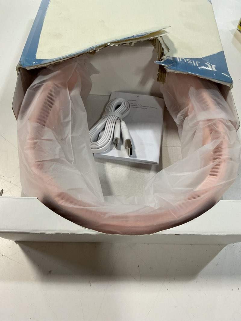 Condition photo showing New/Like New for jisulife portable neck fan, hands-free bladeless, 5 speeds, 4000 mah battery operated wearable personal fan, twistable, rechargeable, gift for women men-pink