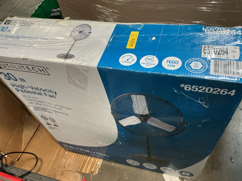 Condition photo showing Good Condition for utilitech 30-in high velocity indoor pedestal fan, in black