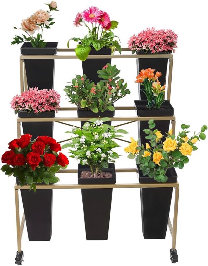 flower display stand with 9 pcs buckets 3 layers flower bar stand outdoor plant stand with wheels golden frame flower cart display stand large florist stand flower rack for patio garden event (black) | us stock
