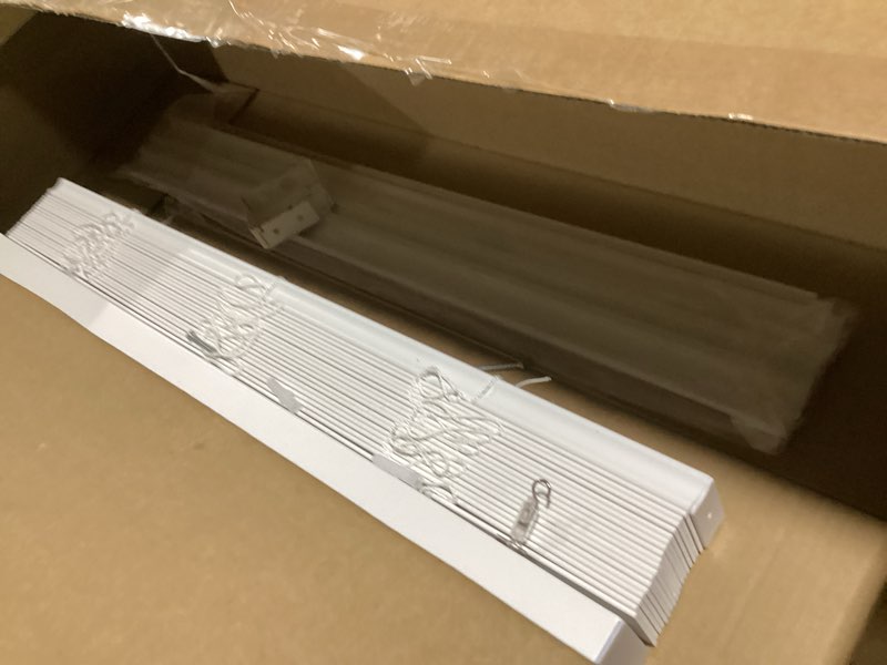 Condition photo showing As Is for cordless faux wood blinds 26" w x 36" h, 2 inch slat horizontal windows blinds with crown valance, room darkening, white blinds for home interiors. 26"w x 36"h