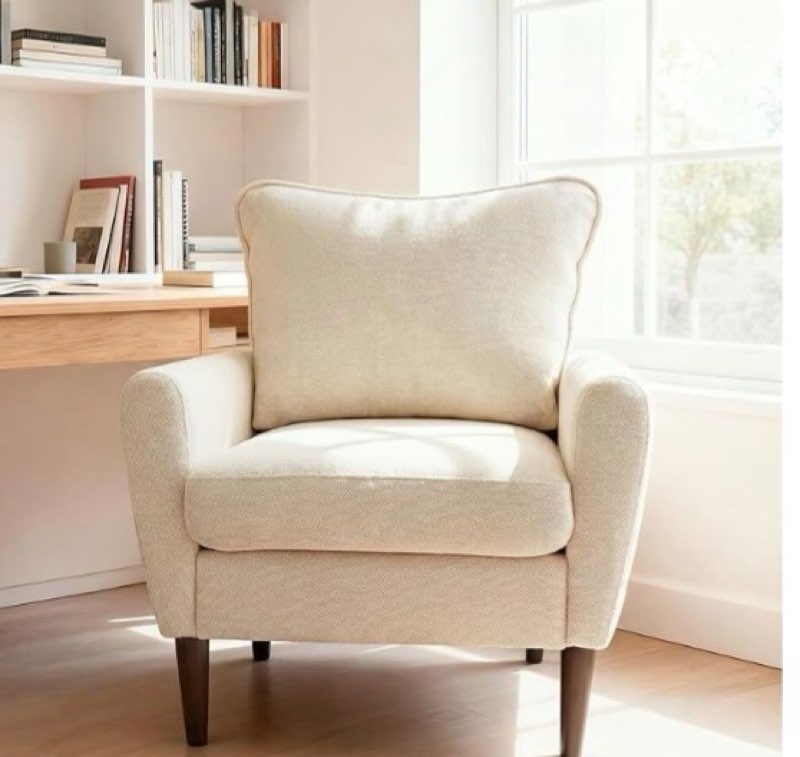 olixis comfy accent chair for living room bedroom and waiting room, upholstered mid-century reading chair with pillow and solid wood legs, wide singe modern lounge sofa beige.