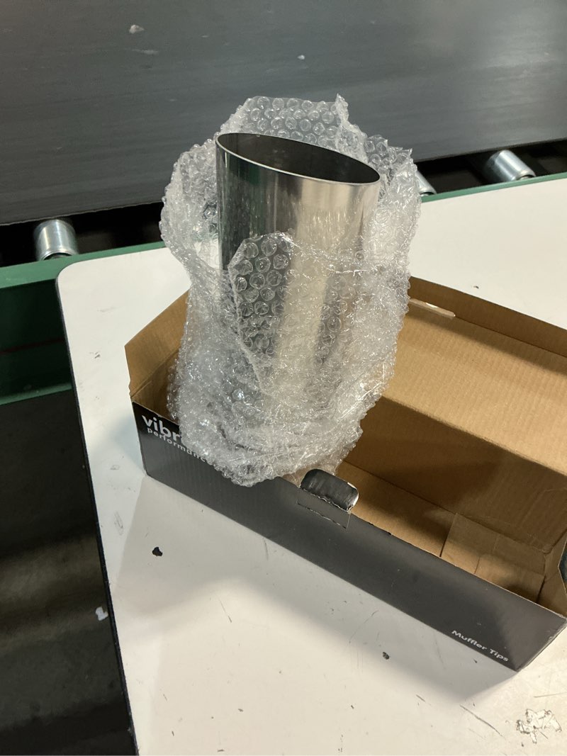 Condition photo showing Good Condition for vibrant performance exhaust tip, weld-on, 2-1/2 in inlet, 3 in round outlet, 11 in long, single wall, cut edge, angled cut, stainless, polished, each