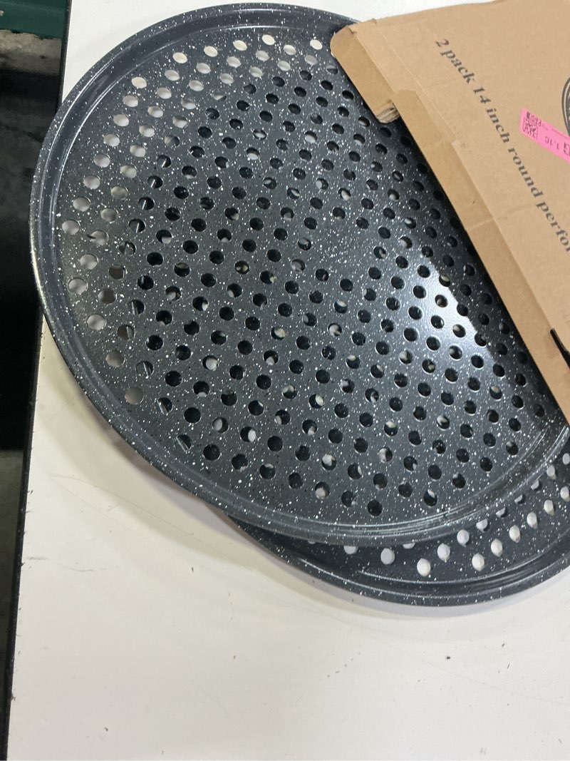 Condition photo showing New/Like New for monfish 14 inch pizza pan with holes 2 pack perforated huge pizza tray carbon steel crisper pan non stick pizza pan for oven