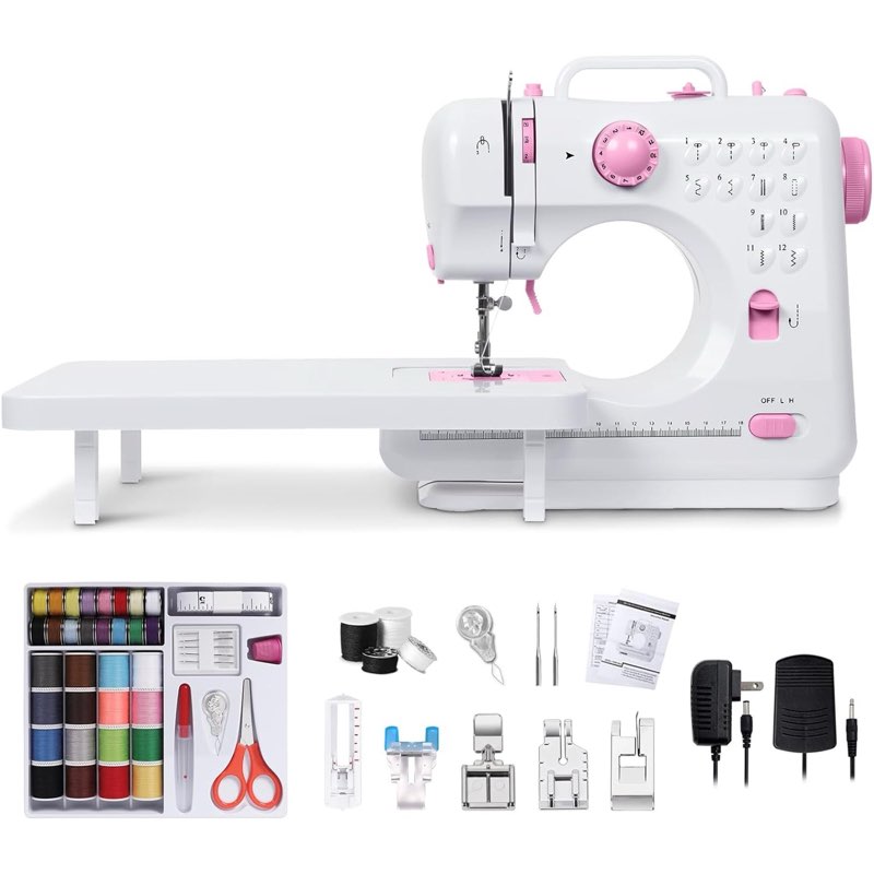 sewing machine for beginners, mini sewing machine with 5 replaceable presser feet, extension table, 