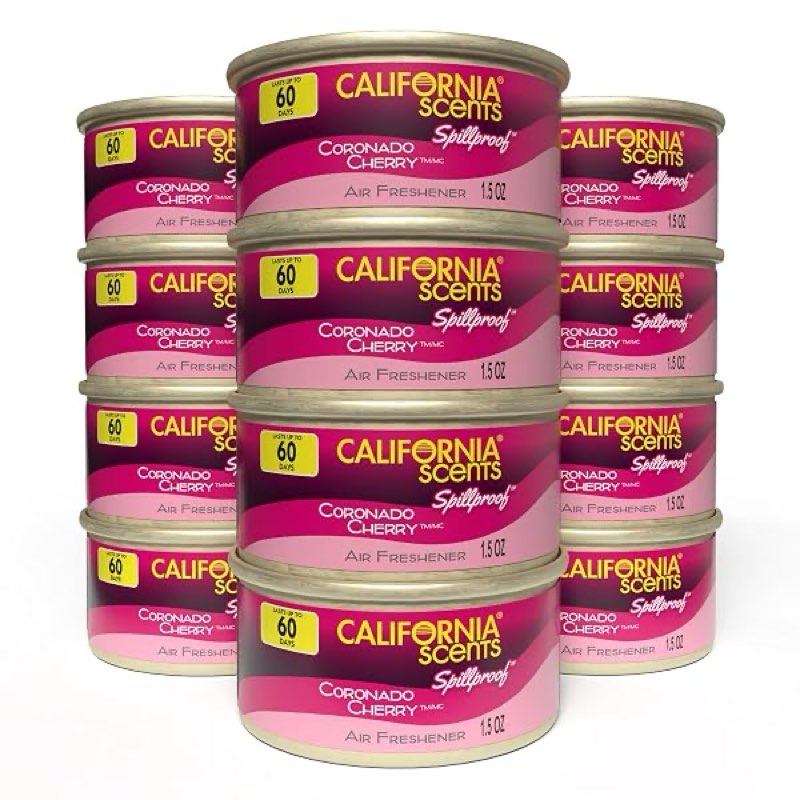 can air freshener and odor neutralizer by california scents, set of 12 spillproof cans for home and car, coronado cherry, 1.5 oz each