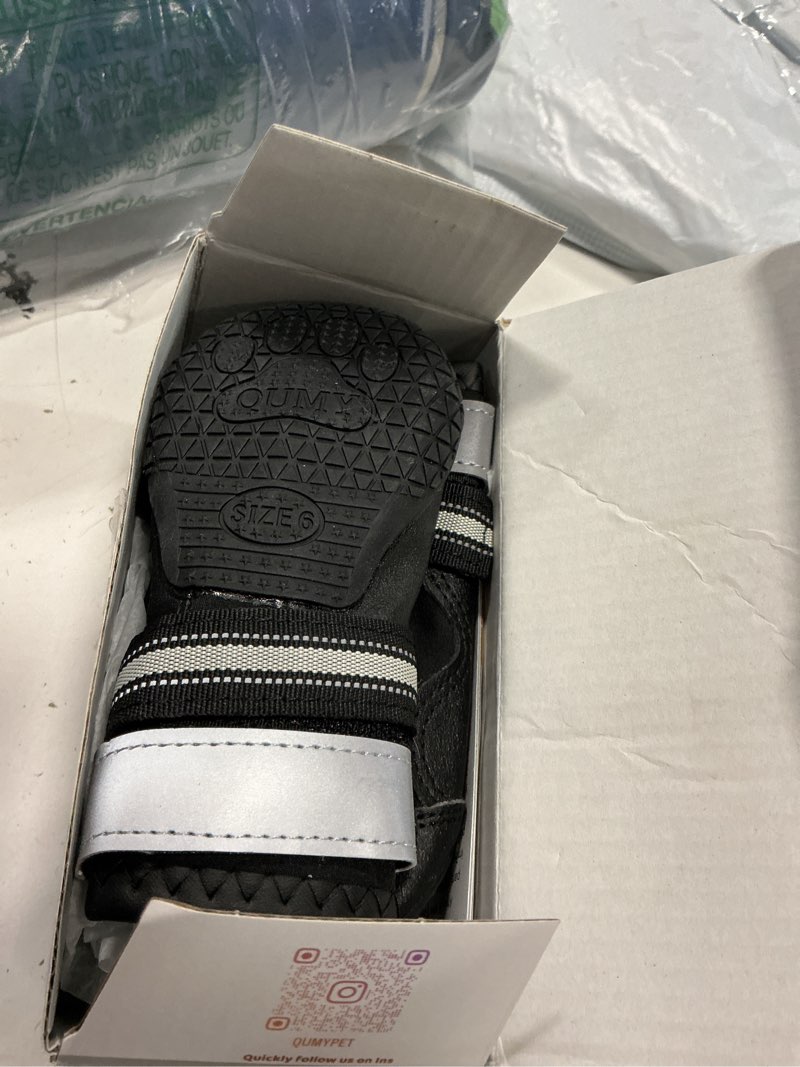 Condition photo showing Good Condition for QUMY Dog Shoes for Large Dogs, Medium Dog Boots & Paw Protectors for Winter Snowy Day, Summer Hot Pavement, Water-Resistant in Rainy Weather, Outdoor Walking, Indoor Hardfloors Skid-Resistant Sole Black Size 6: 2.6''x3.0''(W*L) (Pack of 4)