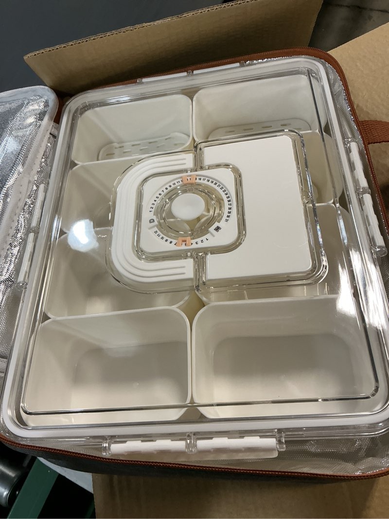 Condition photo showing Good Condition for chilled snackle box container with ice pack, bonus insulated bag charcoolerie chilled portable serving tray, 8 compartment snack container for charcuterie snack road trip picnic essentials container w/bag