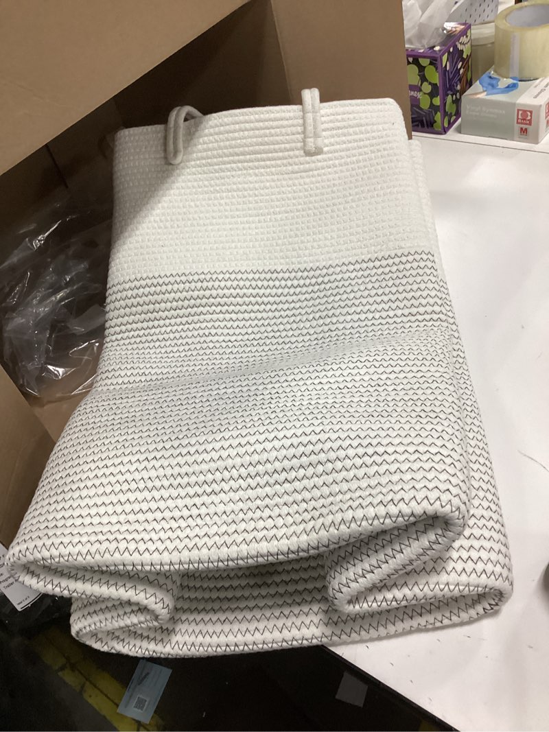 Condition photo showing Good Condition for VIPOSCO Large Laundry Hamper, Tall Woven Rope Storage Basket for Blanket, Toys, Dirty Clothes in Living Room, Bathroom, Bedroom - 58L Grey & White
