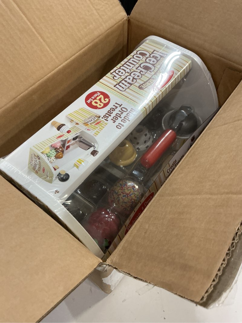 Condition photo showing New/Like New for melissa & doug wooden scoop & serve ice cream counter, pretend play store, 28 toy food & play kitchen accessories, preschool toys for girls & boys 3+ main