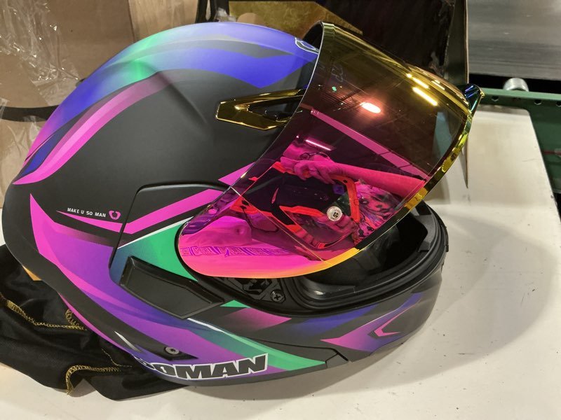 Condition photo showing New/Like New for womens motorcycle helmet with bluetooth - dot modular motorcycle helmets with dual visor, flip up full face purple helmet with speaker and mic medium purple + blue