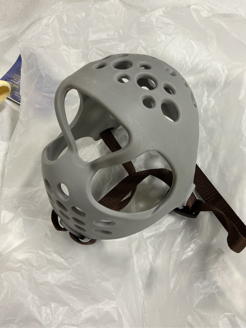 Condition photo showing Good Condition for barkless short snout dog muzzle, soft silicone flat faced muzzle for french bulldog shih tzu and pug for biting chewing licking and grooming, allows panting gray l?head 17-18½"?