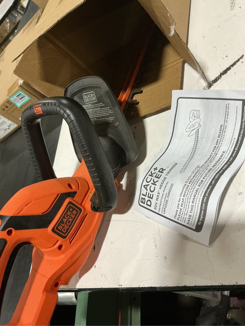 Condition photo showing As Is for black+decker 20v max cordless hedge trimmer, battery and charger included, 22 inch steel blade lightweight bush trimmer, soft grip, less vibration (lht2220)