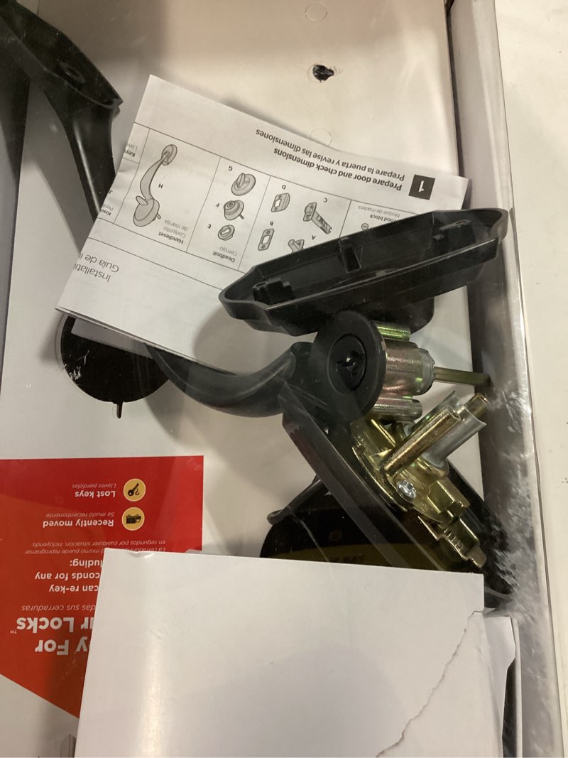 Condition photo showing As Is for kwikset belleview and cove venetian bronze entry door knob handleset and single cylinder deadbolt feat. smartkey and microban