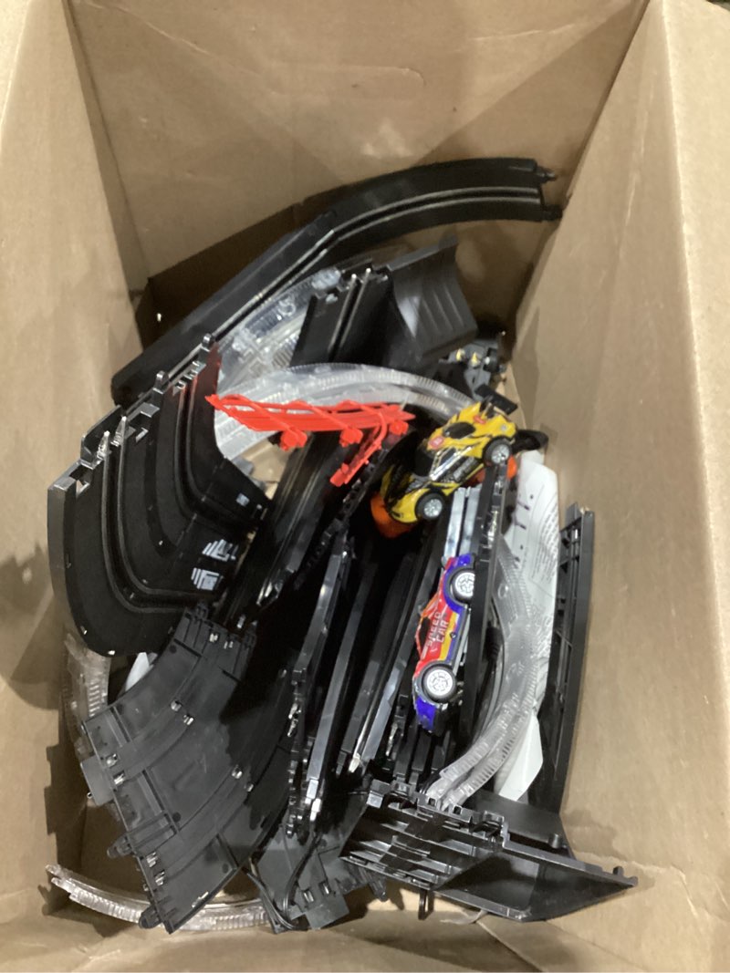 Condition photo showing As Is for 2-in-1 slot car race track sets with 4 high-speed cars, electric track, dual racing game with 2 controllers, circular overpass design featuring flash tracks. toy gift for boys kids ages 4-6 6-8 8-12 19.7ft