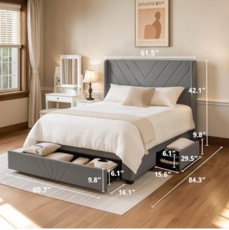(Similar to photo)(Incomplete)COMHOMA Bed Frame with Headboard and USB & Type-C Charging Ports,Storage Drawers,Modern Upholstered Platform Frames with Padded Headboard, No Box Spring Needed (Gray, Queen (U.S. Standard)