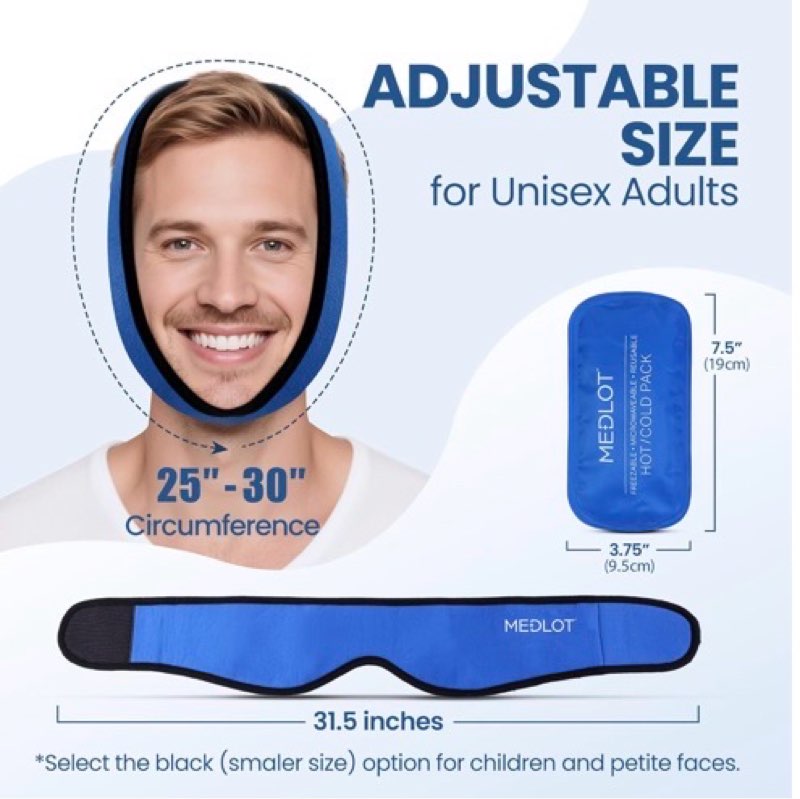 lotfancy face ice pack wrap for tmj, wisdom teeth, with 4 reusable hot cold therapy gel packs, pain relief for head, oral and facial surgery, dental implants, blue blue(one size fits most)