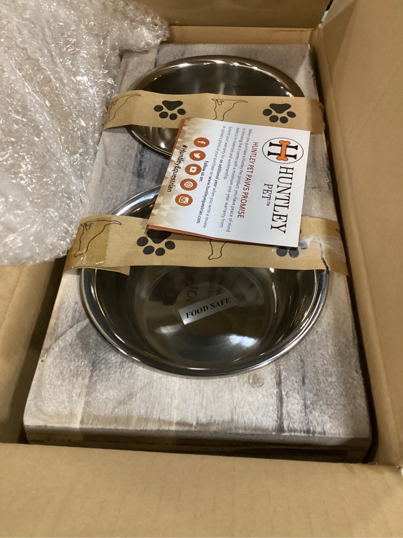 Condition photo showing Good Condition for huntley equestrian pet berjen table elevated double bowl pet feeder, white wash (small)