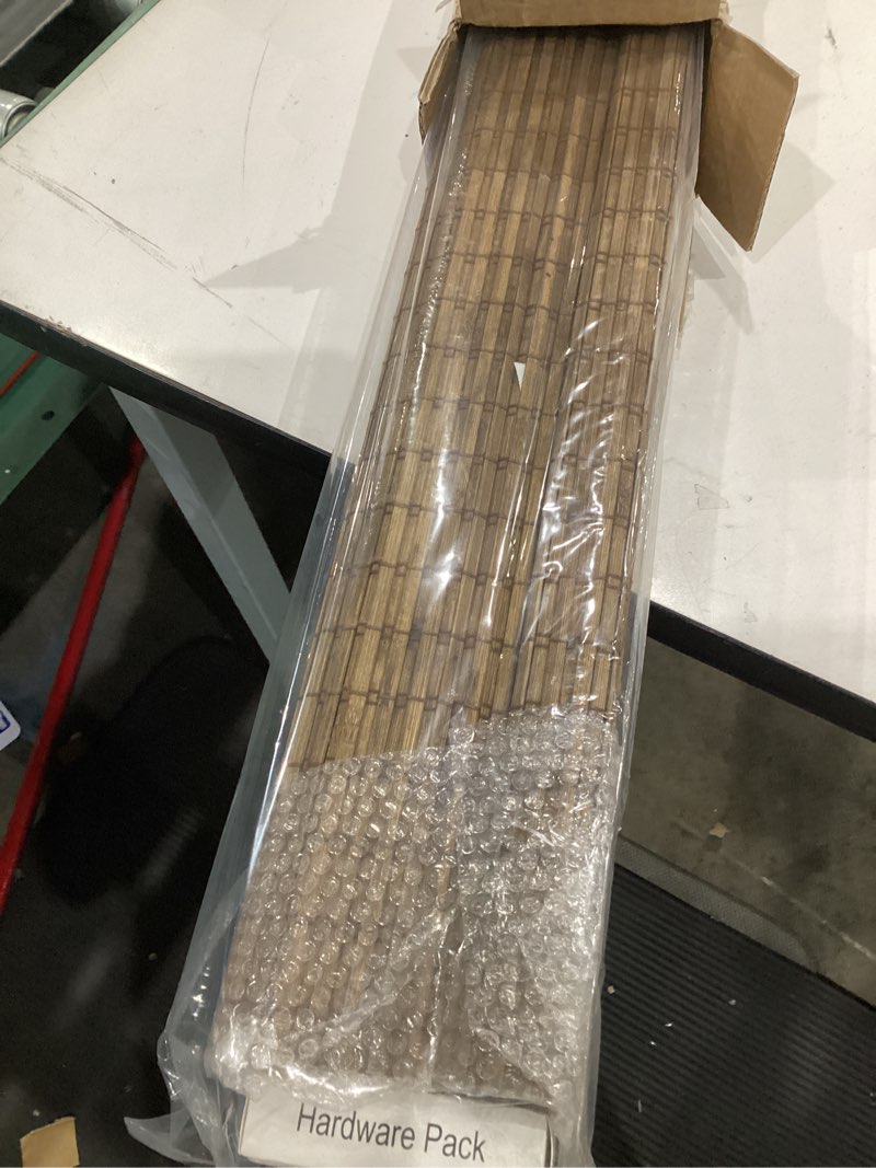 Condition photo showing Good Condition for lazblinds cordless bamboo roman shades, privacy blinds for interior windows, room darkening roll up bamboo blinds for home & patio, 34.5" w x 48" h, highfield teak pricacy - highfield teak 34 1/2" w x 48" h