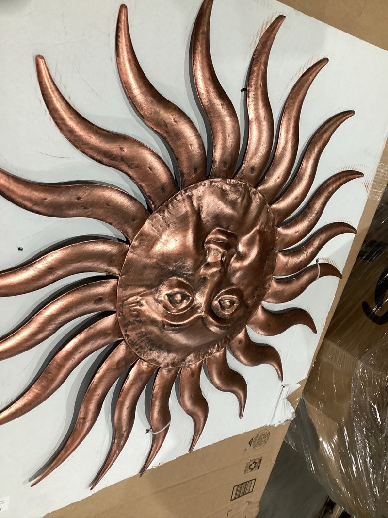 Condition photo showing Good Condition for comfy hour metal wall art decor outdoor inside with 3d sun face, 31" large outside sun metal decorations hanging on house, living room, bedroom, patio, fence, yard (bronze)