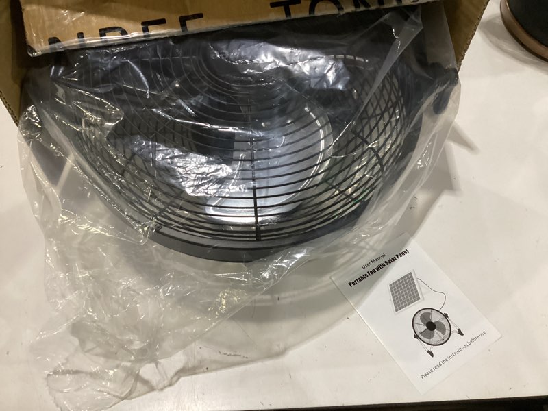 Condition photo showing Good Condition for 14" solar powered fan with 20w detachable solar panel, black | built-in rechargeable battery, portable, 12 speed, 360° tilt for outside, camping, greenhouse, chicken coop, patio, gazebo 14" black