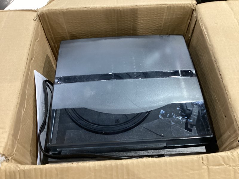 Condition photo showing As Is for 9 in 1 record player with external speakers,3 speed bluetooth turntable vinyl player with cd/cassette play,am/fm radio, usb sd/mmc play, aux-in/rca line out black-t408