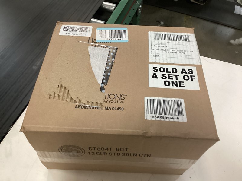 Condition photo showing New/Like New for rubbermaid 6034712 4.75 x 8.375 x 13.375 in. cleverstore stackable storage tote  clear - pack of 12
